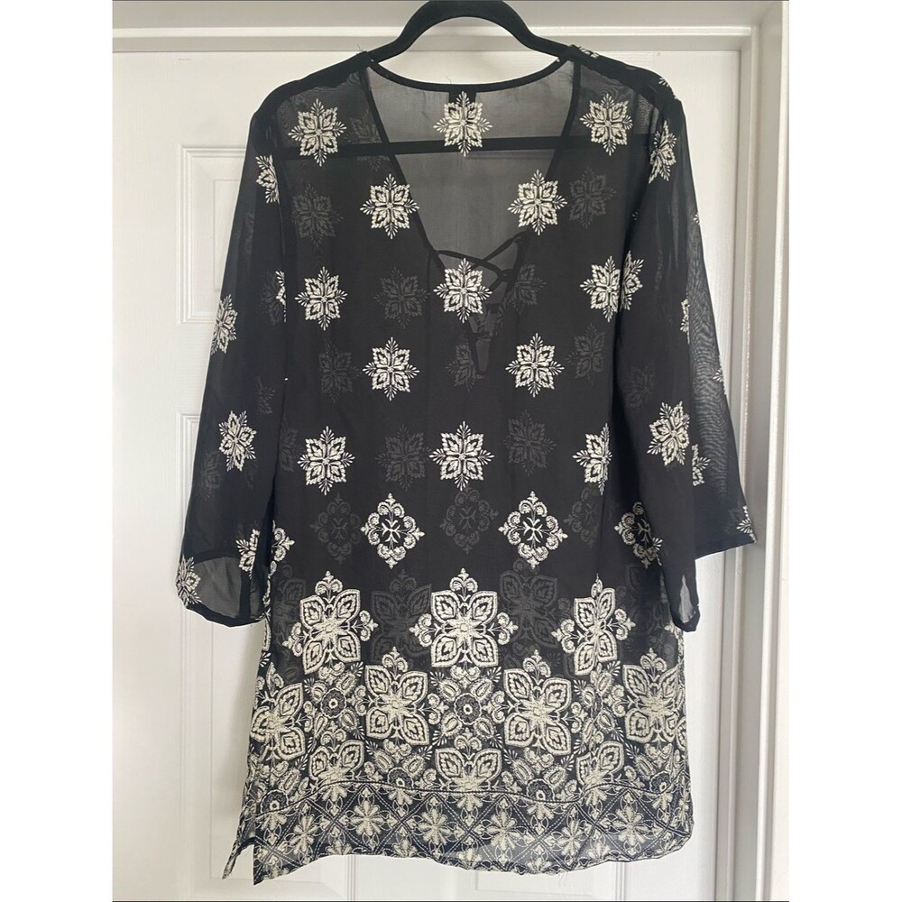 PontoCruz Black & White Lace-Up Boho Swimsuit Cover and Tunic Top Size L - Picture 11 of 11